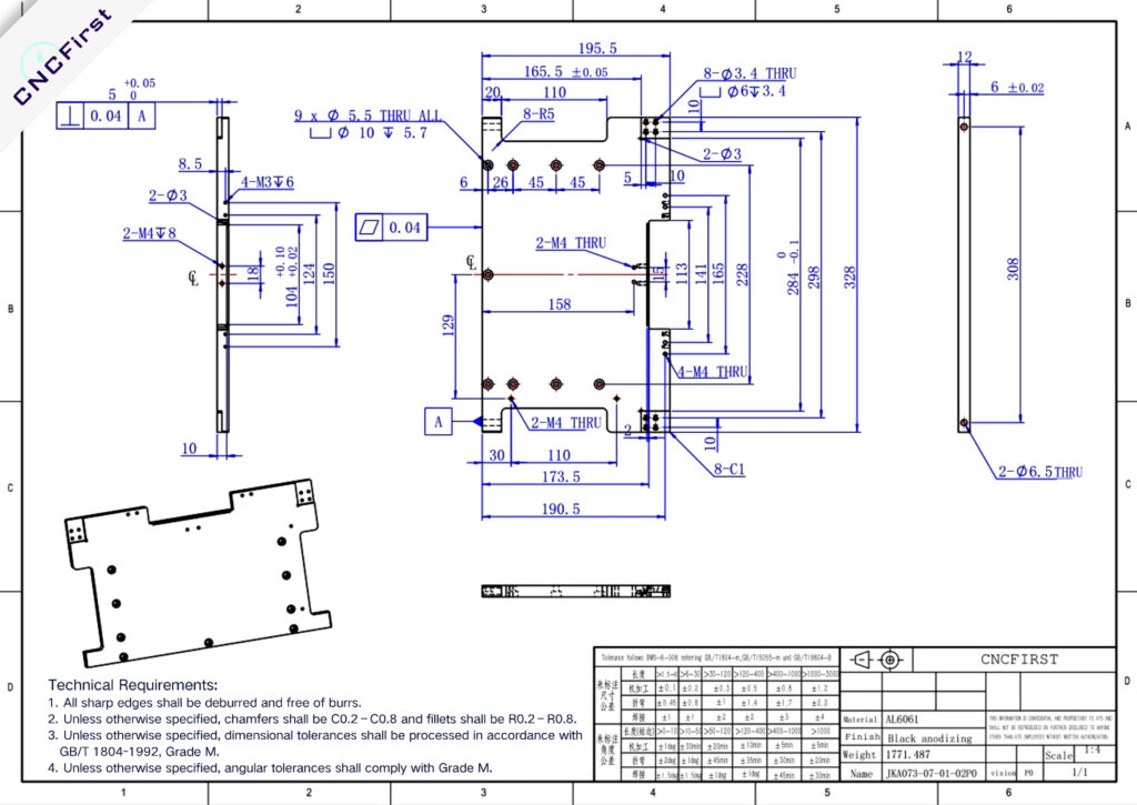 CNC machining technical drawing
